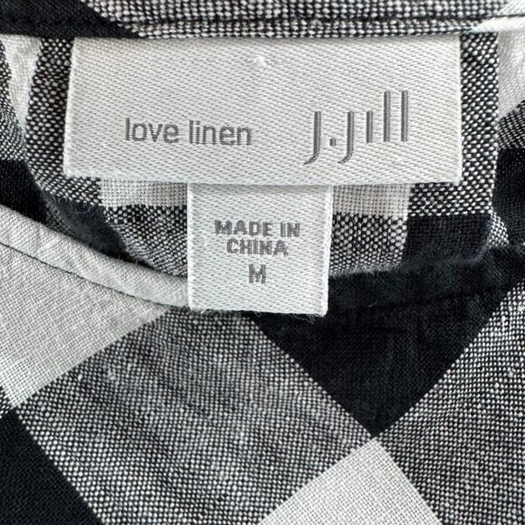 J Jill Love Linen Top Women M White Black Checked Boat Neck Lagenlook 3/4 Sleeve - Picture 2 of 11